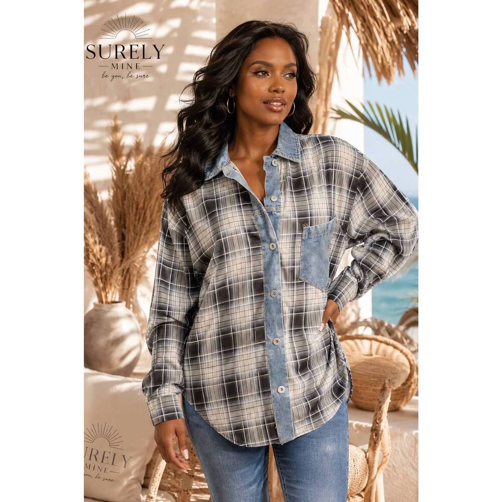 NEW SURELYMINE denim contrast shacket in plaid